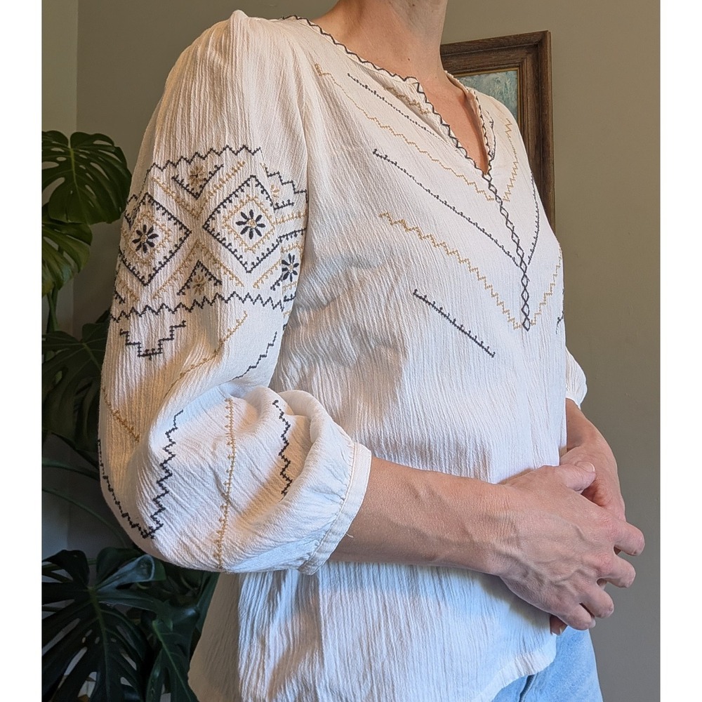 Madewell Peasant Top‎ 100% Cotton Cream Embroidered Puff Sleeve Notch Neck Boho